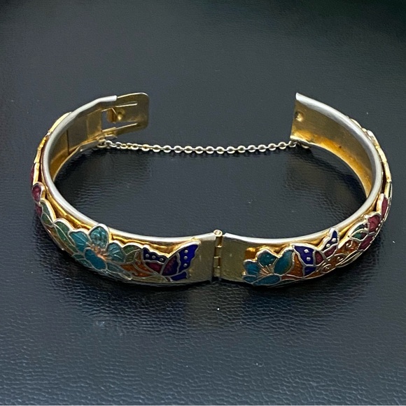 Vintage Unsigned Gold-tone Floral Flower Cloisonne Hinged Bangle Bracelet 36.2g - Picture 10 of 16